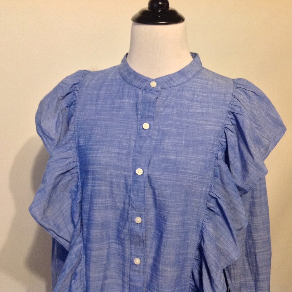 Gap Top Womens Medium Button Ruffle Blue - Picture 4 of 6